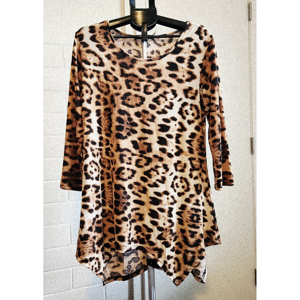 India Boutique Leopard Print Sharkbite Hem Tunic Top 3/4 Sleeve Brown One Size